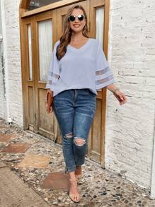 SHEIN LUNE Áo sơ mi Plus Size Tương phản Mesh cắt màu trơn Giải trí - Màu xanh nhạt - Xem 5