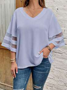 SHEIN LUNE Áo sơ mi Plus Size Tương phản Mesh cắt màu trơn Giải trí - Màu xanh nhạt - Xem 6