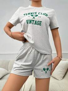 字母图案 T 恤和短裤休闲套装 - 灰色 - 查看 3