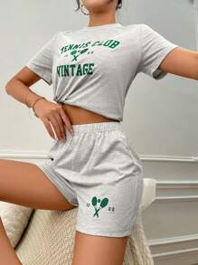 字母图案 T 恤和短裤休闲套装 - 灰色 - 查看 5