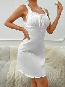 Váy giản dị Nữ viền lá sen Tranh thêu Nếp gấp Phần Ngực màu trơn Giản dị-Bình thường - trắng - Xem 1