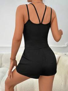 Double Straps Cami Top & Drawstring Waist Shorts Lounge Set - Black - View 2