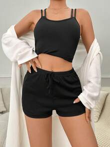 Double Straps Cami Top & Drawstring Waist Shorts Lounge Set - Black - View 7