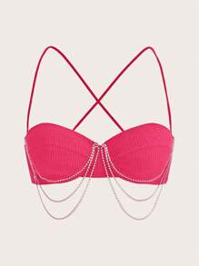 SHEIN ICON 鏈條細節露背交叉吊帶上衣 - 玫紅色 - 查看 1