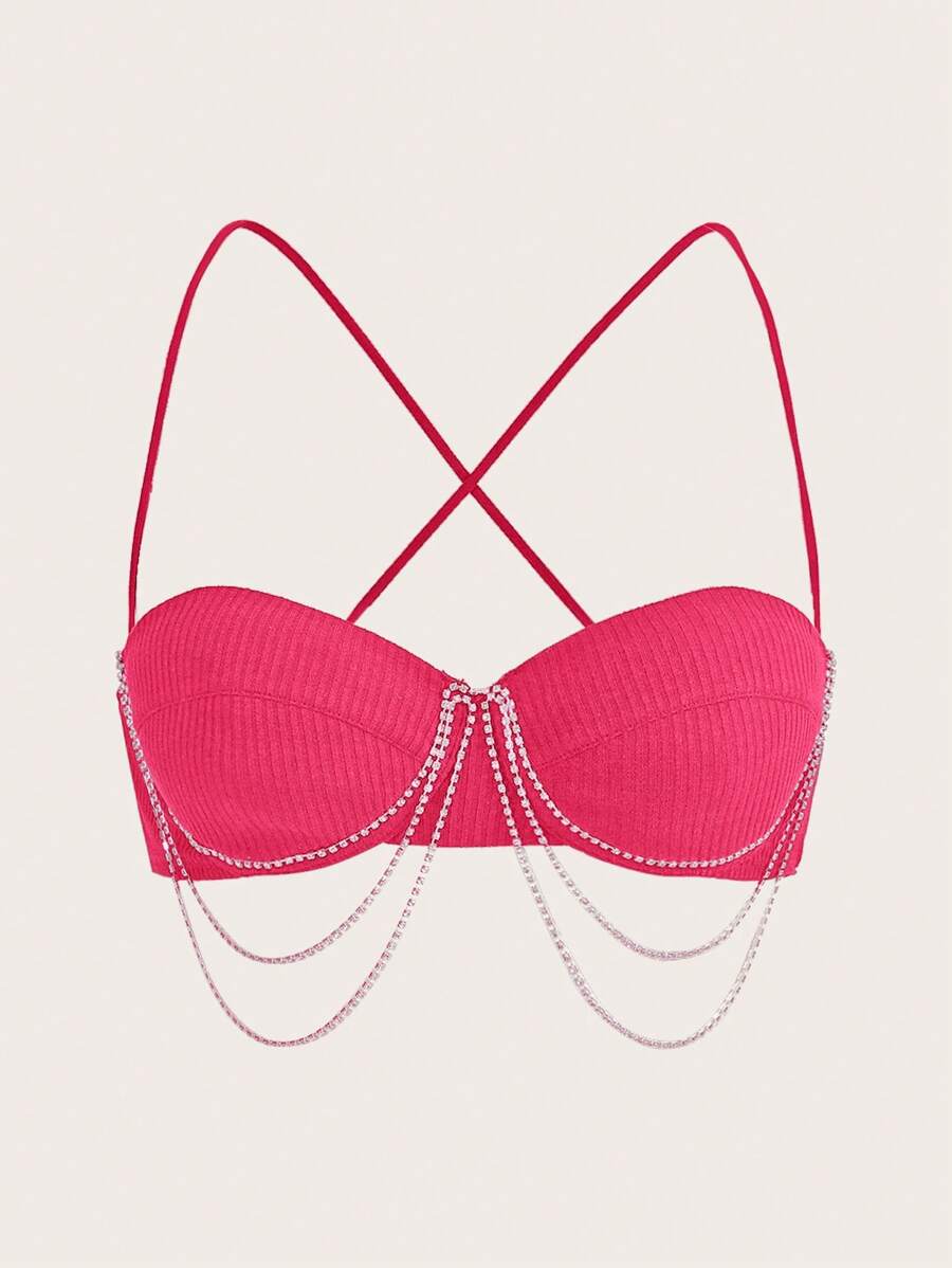 SHEIN ICON 鏈條細節露背交叉吊帶上衣 - 玫紅色 - 查看 1