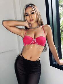 SHEIN ICON 鏈條細節露背交叉吊帶上衣 - 玫紅色 - 查看 2