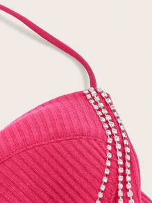 SHEIN ICON 鏈條細節露背交叉吊帶上衣 - 玫紅色 - 查看 5