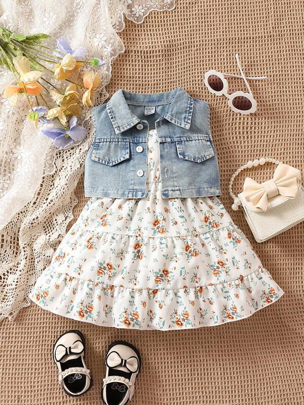 SHEIN Baby Girl Flap Detail Vest Jacket & Floral Print Dress