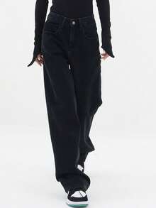 Solid Straight Leg Jeans - Black - View 4