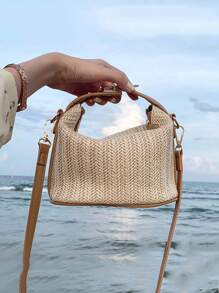 迷你草編包頂部單條提帶度假風格 - 卡其色 - 查看 2