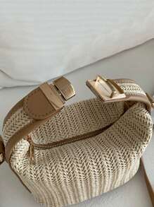 迷你草編包頂部單條提帶度假風格 - 卡其色 - 查看 3