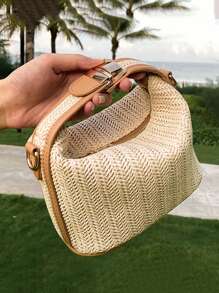 迷你草編包頂部單條提帶度假風格 - 卡其色 - 查看 5