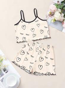 Tween Girl Heart & Eyelash Print Lettuce Trim PJ Set - Apricot - View 1