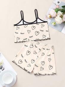 Tween Girl Heart & Eyelash Print Lettuce Trim PJ Set - Apricot - View 2