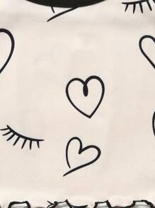 Tween Girl Heart & Eyelash Print Lettuce Trim PJ Set - Apricot - View 8