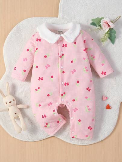 嬰兒女童花卉印花對比領扣前睡眠連體衣