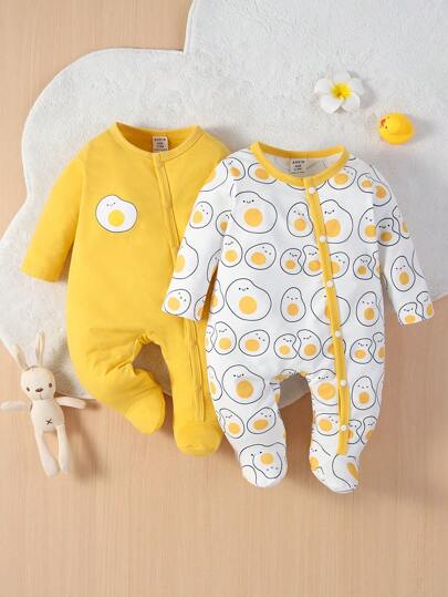 SHEIN 嬰兒女孩2入組水波蛋印花鈕扣連腳睡眠連身衣