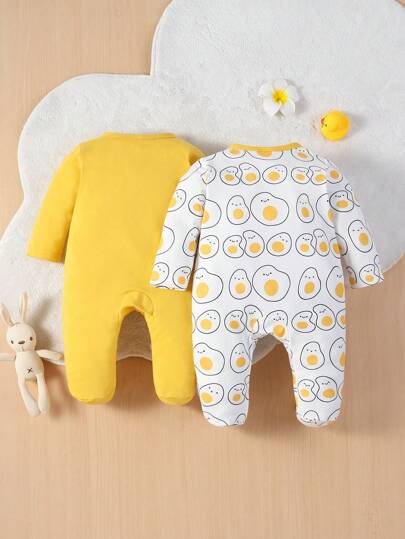 SHEIN Conjunto De 2 Piezas De Mamelucos De Dormir Para Bebé Niña Con Botones Delanteros Y Pies, Con Impresión De Huevo Poché