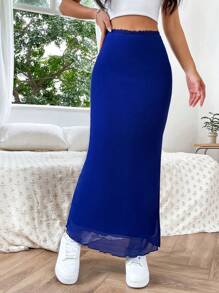 SHEIN EZwear Váy nữ Xù nhỏ màu trơn Thanh lịch - Xanh đậm - Xem 1
