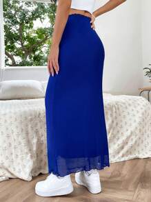 SHEIN EZwear Váy nữ Xù nhỏ màu trơn Thanh lịch - Xanh đậm - Xem 2