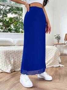 SHEIN EZwear Váy nữ Xù nhỏ màu trơn Thanh lịch - Xanh đậm - Xem 4