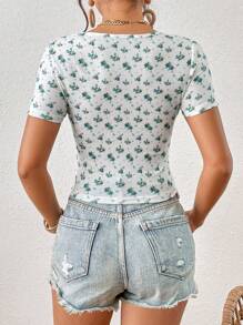 SHEIN VCAY Áo thun nữ Tương phản ren Xù Gân đan Họa tiết hoa Giải trí - Nhiều màu - Xem 2