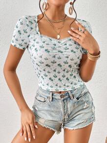 SHEIN VCAY Áo thun nữ Tương phản ren Xù Gân đan Họa tiết hoa Giải trí - Nhiều màu - Xem 3