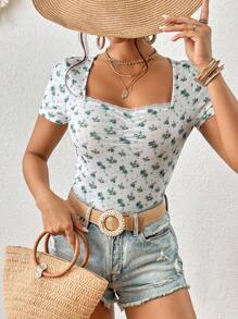 SHEIN VCAY Áo thun nữ Tương phản ren Xù Gân đan Họa tiết hoa Giải trí - Nhiều màu - Xem 4