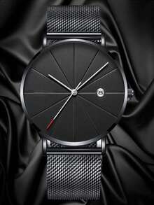 男士圓形指針石英手錶 - 黑色 - 查看 1