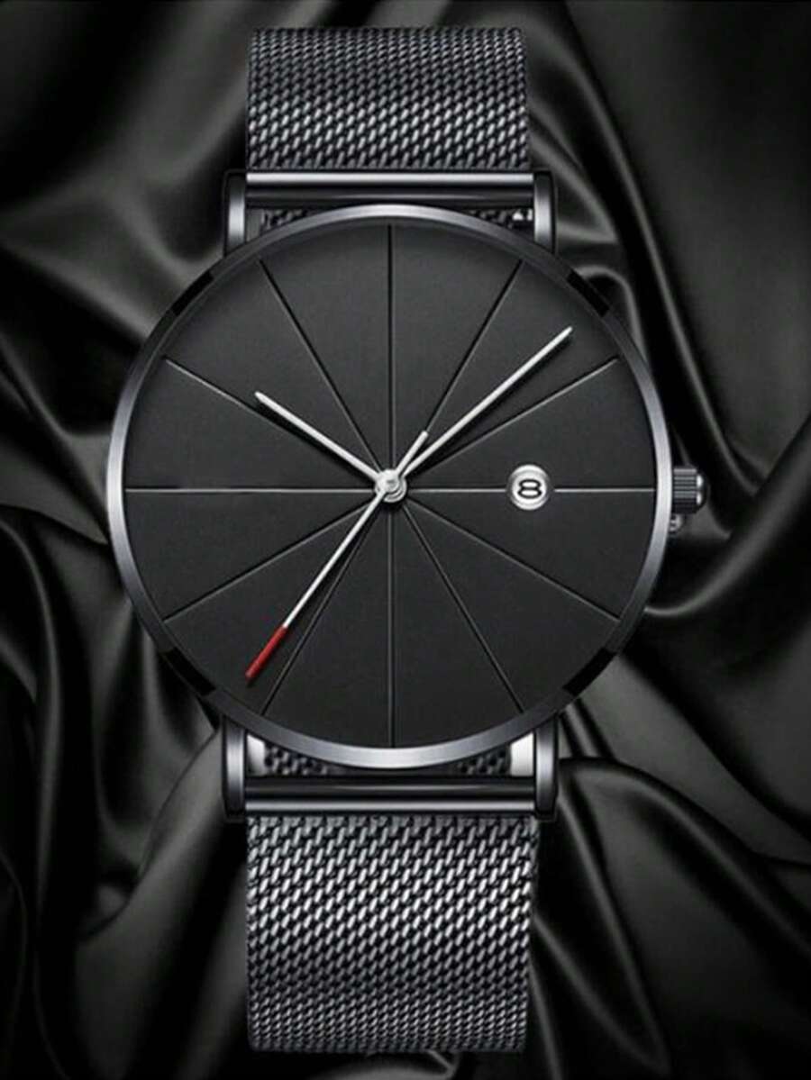 男士圓形指針石英手錶 - 黑色 - 查看 1