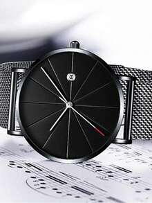 男士圓形指針石英手錶 - 黑色 - 查看 3