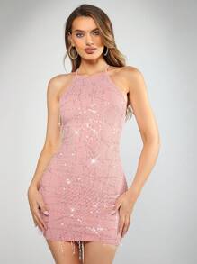 SHEIN BAE 亮片裝飾露背繫帶吊帶連衣裙 - 淺粉色 - 查看 3