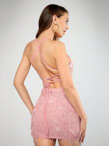 SHEIN BAE 亮片裝飾露背繫帶吊帶連衣裙 - 淺粉色 - 查看 1