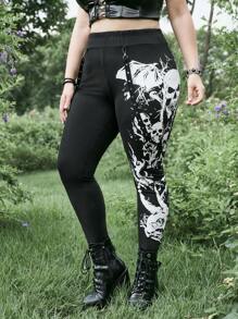 ROMWE Goth Plus Skull Print Leggings - Black - View 5