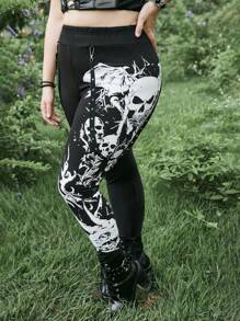 ROMWE Goth Plus Skull Print Leggings - Black - View 6