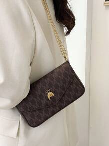 Túi vuông có nắp in chữ có dây kim loại để đi lại - Cà phê nâu - Xem 1