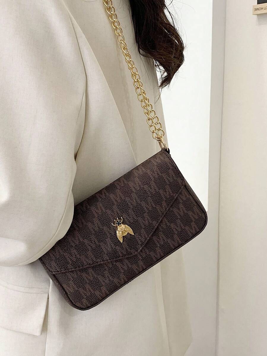 Túi vuông có nắp in chữ có dây kim loại để đi lại - Cà phê nâu - Xem 1