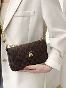 Túi vuông có nắp in chữ có dây kim loại để đi lại - Cà phê nâu - Xem 2