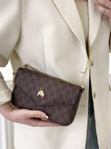 Túi vuông có nắp in chữ có dây kim loại để đi lại - Cà phê nâu - Xem 4