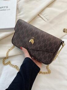 Túi vuông có nắp in chữ có dây kim loại để đi lại - Cà phê nâu - Xem 6