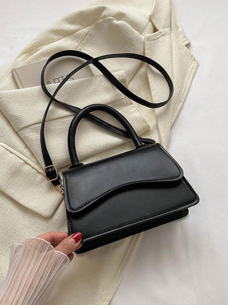 תיק מרובע מיני שחור מינימליסטי PU עם ידית אחת עליונה - שחור - ראה 7