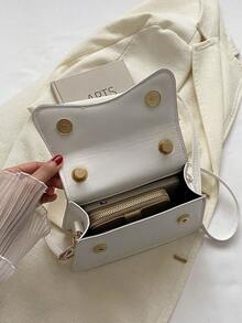 Mini White Simple Pu Flap Square Bag With Adjustable Shoulder Strap - White - View 7