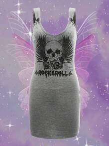 ROMWE PUNK Plus Skull & Letter Graphic Ring Link Detail Bodycon Dress - Dark Grey - View 1
