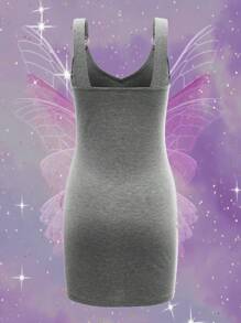 ROMWE PUNK Plus Skull & Letter Graphic Ring Link Detail Bodycon Dress - Dark Grey - View 2