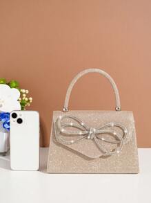 带蝴蝶结装饰的派对手拿包，女士手提包，适合鸡尾酒会、婚礼、正式活动，优雅而时尚 - 香檳色 - 查看 7