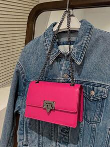 Solid Color Fashionable Luxury Shoulder Bag Elegant Printed Vintage Style Flap Wallet, PU Crossbody Bag, Women's Daily Carry - Hot Pink - View 2