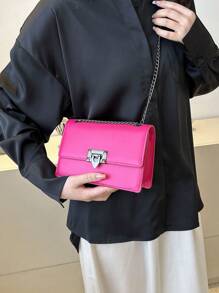 Solid Color Fashionable Luxury Shoulder Bag Elegant Printed Vintage Style Flap Wallet, PU Crossbody Bag, Women's Daily Carry - Hot Pink - View 5