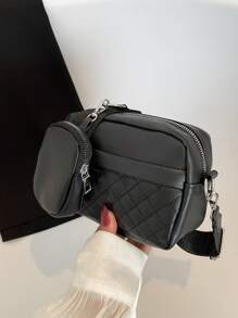 小號拼花方格編織鏈條背包附包，單色迷你拼花紋理方格鏈條背包，大容量休閒肩袋，帶方形拉鍊袋信封包迷你鑽石方格編織包，女式手提袋帶包 - 黑色 - 查看 1