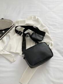 小號拼花方格編織鏈條背包附包，單色迷你拼花紋理方格鏈條背包，大容量休閒肩袋，帶方形拉鍊袋信封包迷你鑽石方格編織包，女式手提袋帶包 - 黑色 - 查看 2