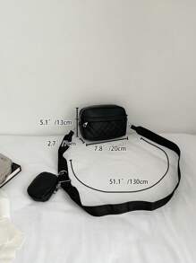 小號拼花方格編織鏈條背包附包，單色迷你拼花紋理方格鏈條背包，大容量休閒肩袋，帶方形拉鍊袋信封包迷你鑽石方格編織包，女式手提袋帶包 - 黑色 - 查看 3